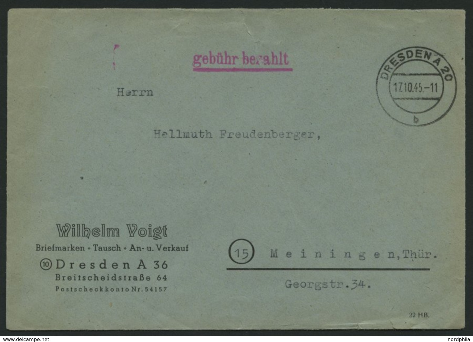 ALL. BES. GEBÜHR BEZAHLT DRESEN A 20, 17.10.45, Unterstrichener L1 Gebühr Bezahlt, Prachtbrief - Sonstige & Ohne Zuordnung