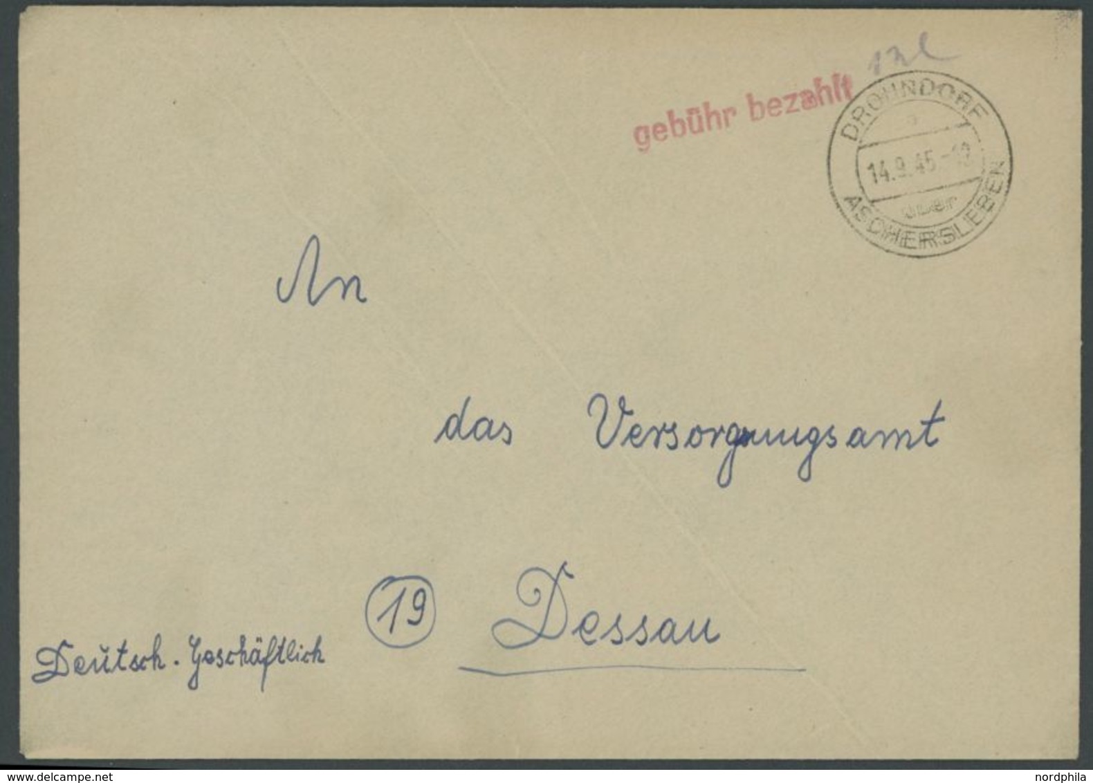 DROHNDORF ASCHERSLEBEN, Roter R1 Gebühr Bezahlt. Prachtbrief -> Automatically Generated Translation: "DROHNDORF ASCHERSL - Andere & Zonder Classificatie