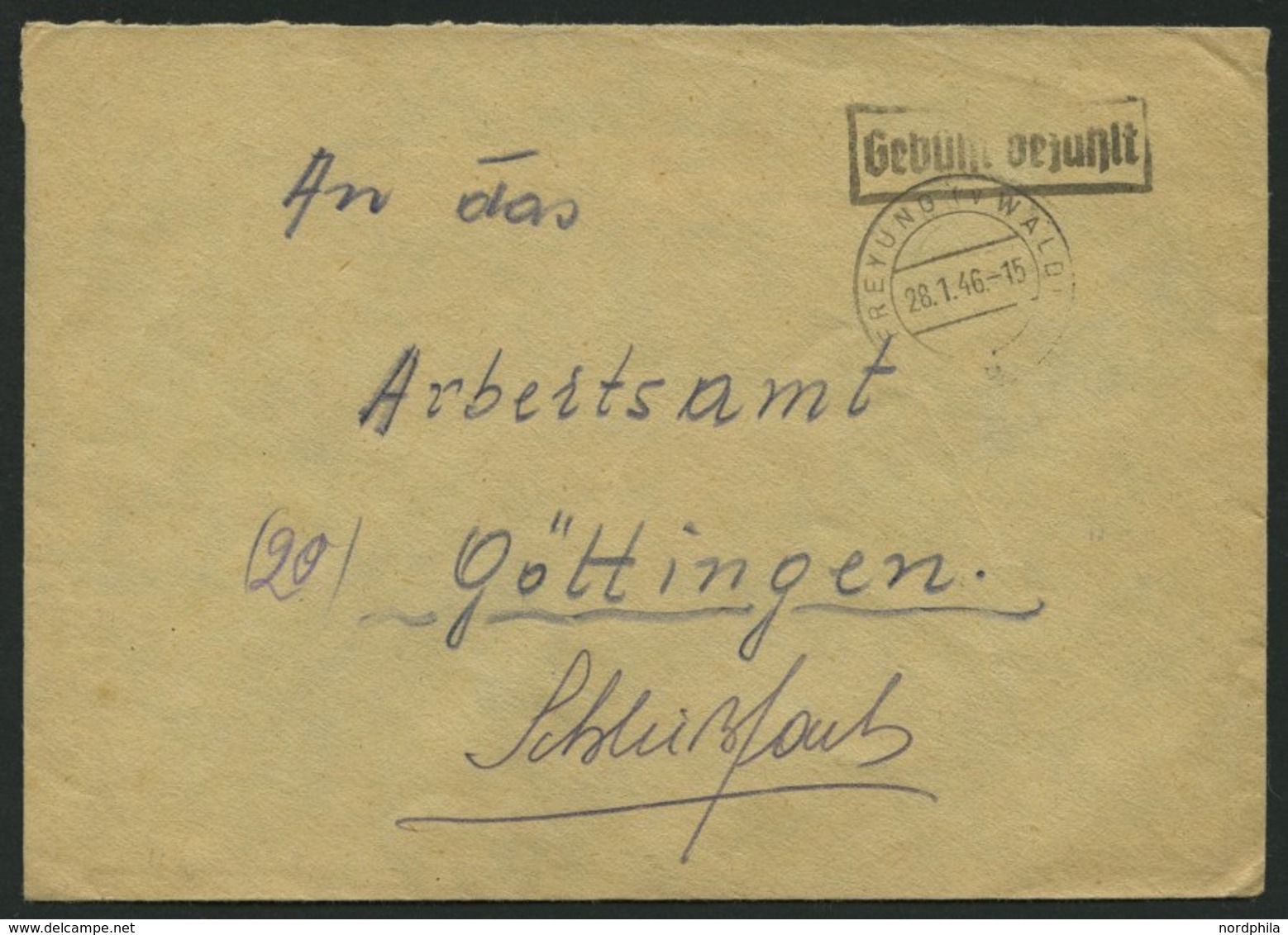 ALL. BES. GEBÜHR BEZAHLT FREYUNG (v.WALD), 28.1.46, R1 Gebühr Bezahlt, Prachtbrief - Autres & Non Classés