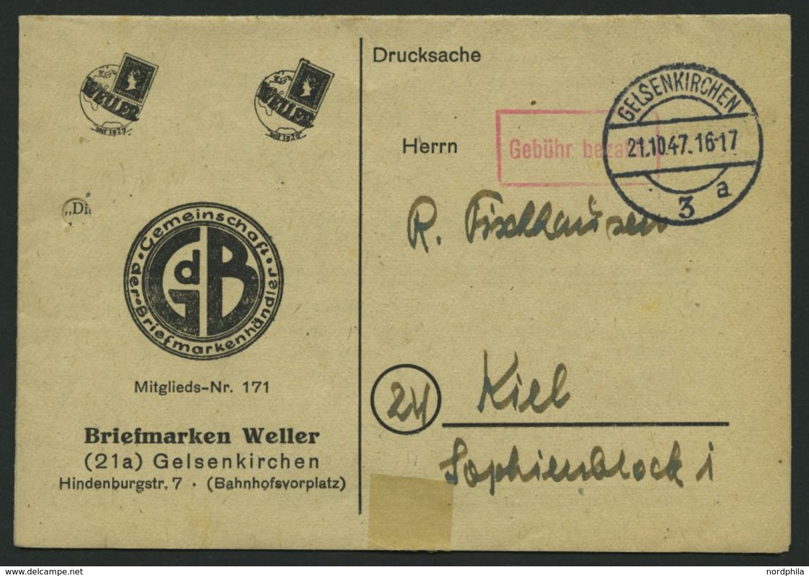 ALL. BES. GEBÜHR BEZAHLT GELSENKIRCHEN, 27.10.47, Roter R1 Gebühr Bezahlt, Auf Drucksachen-Preisliste Eines Briefmarkenh - Autres & Non Classés