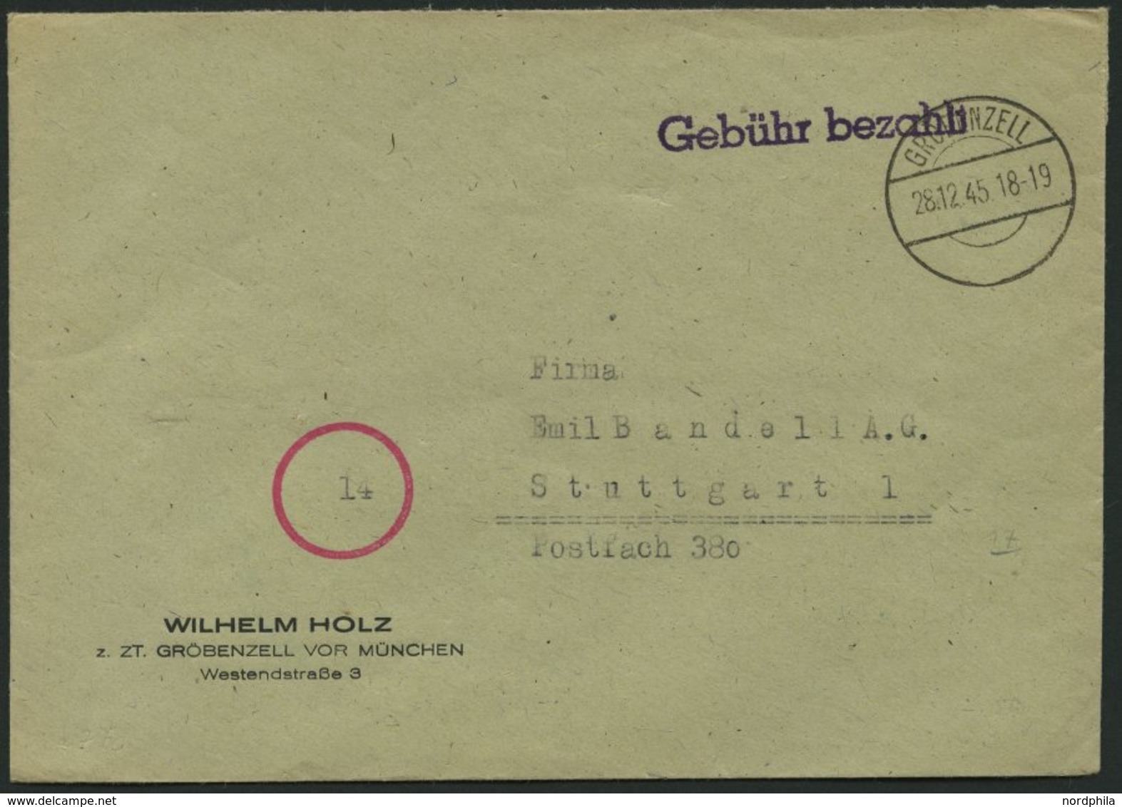 ALL. BES. GEBÜHR BEZAHLT GROBENZELL, 28.12.45, Violetter L1 Gebühr Bezahlt, Prachtbrief - Autres & Non Classés