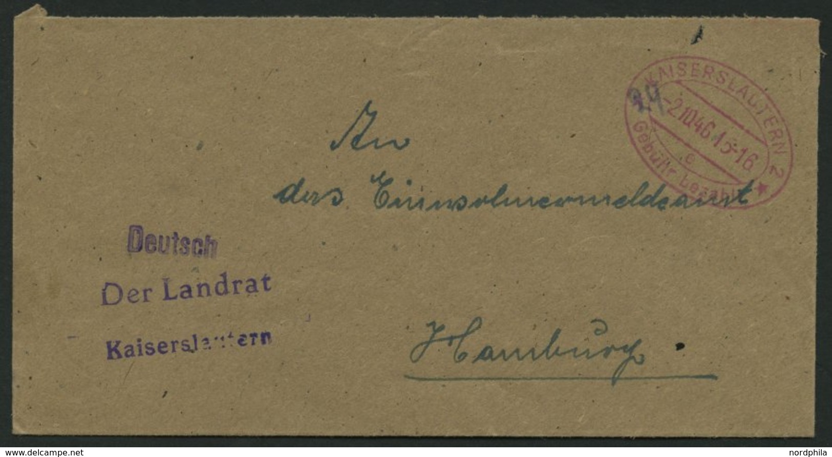 ALL. BES. GEBÜHR BEZAHLT KAISERSLAUTERN Gebühr Bezahlt, 2.10.46, Roter Ellipsenstempel, Prachtbrief - Autres & Non Classés