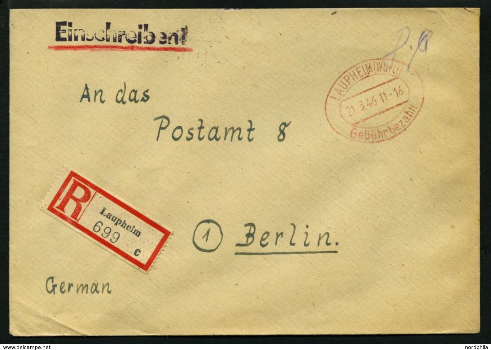 ALL. BES. GEBÜHR BEZAHLT LAMPHEIM (WÜRTT) Gebühr Bezahlt, 21.3.46, Roter Ellipsenstempel, Handschriftlich 84, Auf Einsch - Sonstige & Ohne Zuordnung