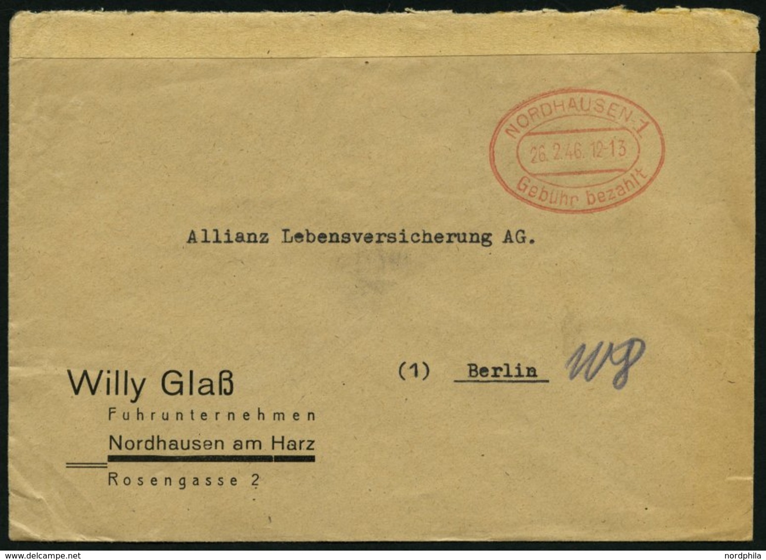 ALL. BES. GEBÜHR BEZAHLT NORDHAUSEN 1 Gebühr Bezahlt, 26.2.46, Roter Ellipsenstempel Auf Brief, Feinst - Other & Unclassified