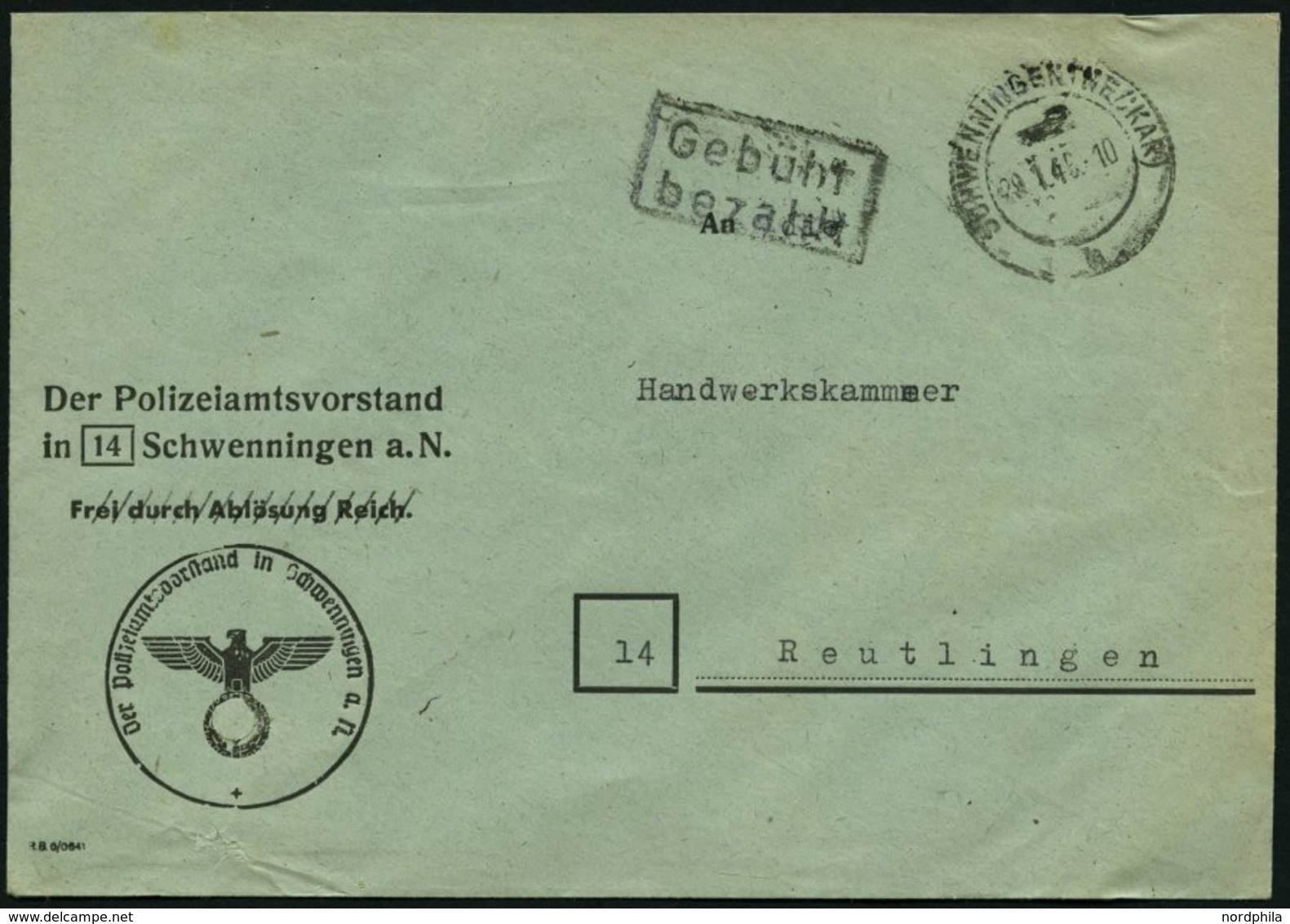 ALL. BES. GEBÜHR BEZAHLT SCHWENNINGEN (NECKAR), 29.1.46, R2 Gebühr Bezahlt, Alter Bedruckter Und Entnazifizierter Briefu - Other & Unclassified