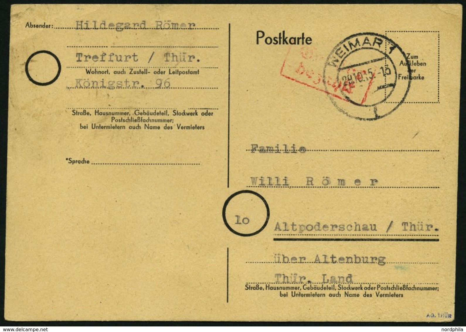 ALL. BES. GEBÜHR BEZAHLT WEIMAR 1, 29.10.45. Roter R2 Gebühr Bezahlt Auf Postkarte, Pracht - Other & Unclassified