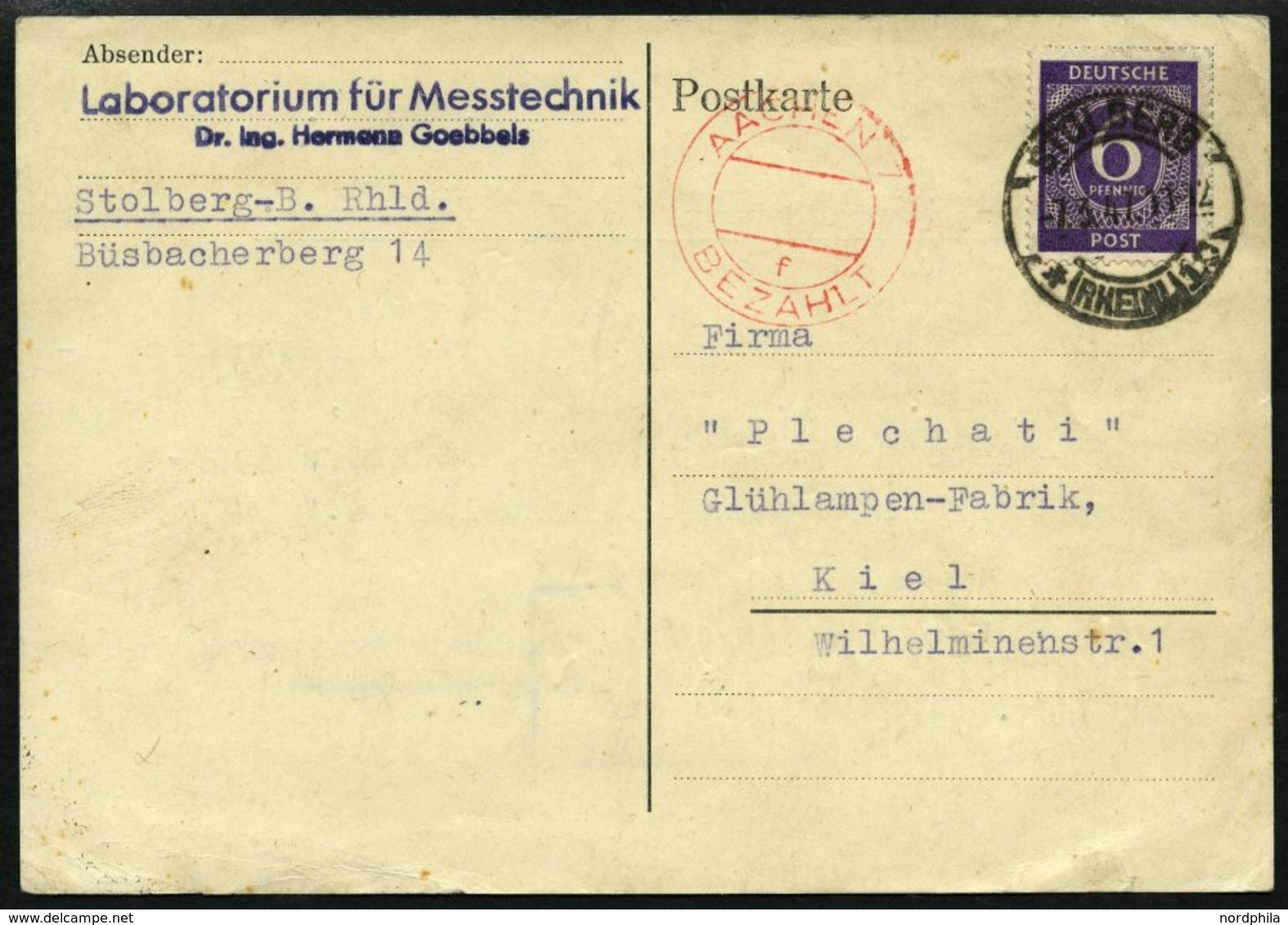 ALLIIERTE BES. 916 BRIEF, 7.3.1947, 6 Pf. Violett Auf Postkarte Von STOLBERG Nach Kiel Mit Rotem Nebenstempel AACHEN 7f  - Autres & Non Classés