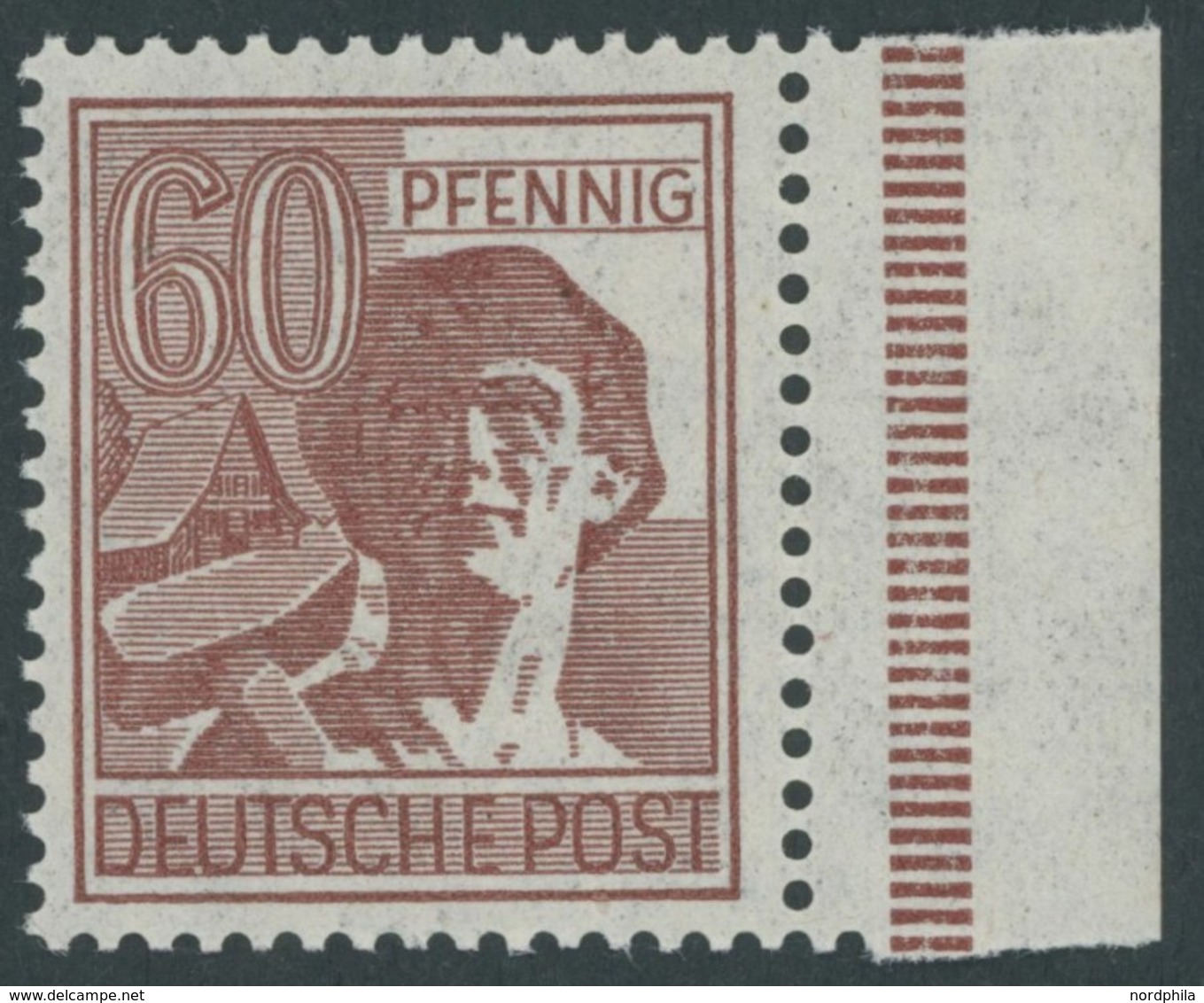 1947, 60 Pf. Karminbraun, Dünnes Papier, Vom Rechten Rand, Postfrisch, Pracht, Gepr. Schlegel, Mi. 300.- -> Automaticall - Sonstige & Ohne Zuordnung