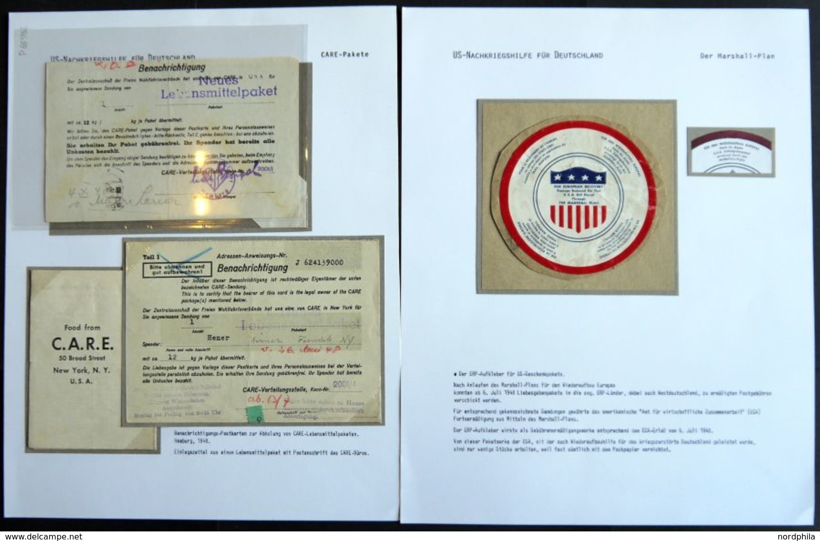 1948, US-Nachkriegshilfe Für Europa: 2 Verschiedene CARE-PAKET Benachrichtigungs-Postkarten Und Achtseitiges Milchpulver - Other & Unclassified