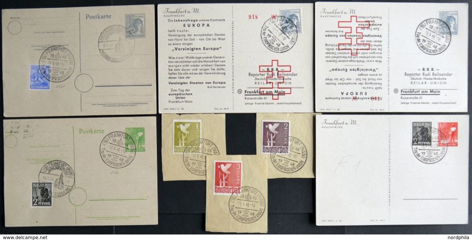 1948, 8 Karten Und Briefstücke Mit Sonderstempeln FRANKFURT (MAIN) TAG DER EUROPÄISCHEN UNION Vom 19.5.48, Meist Pracht  - Sonstige & Ohne Zuordnung