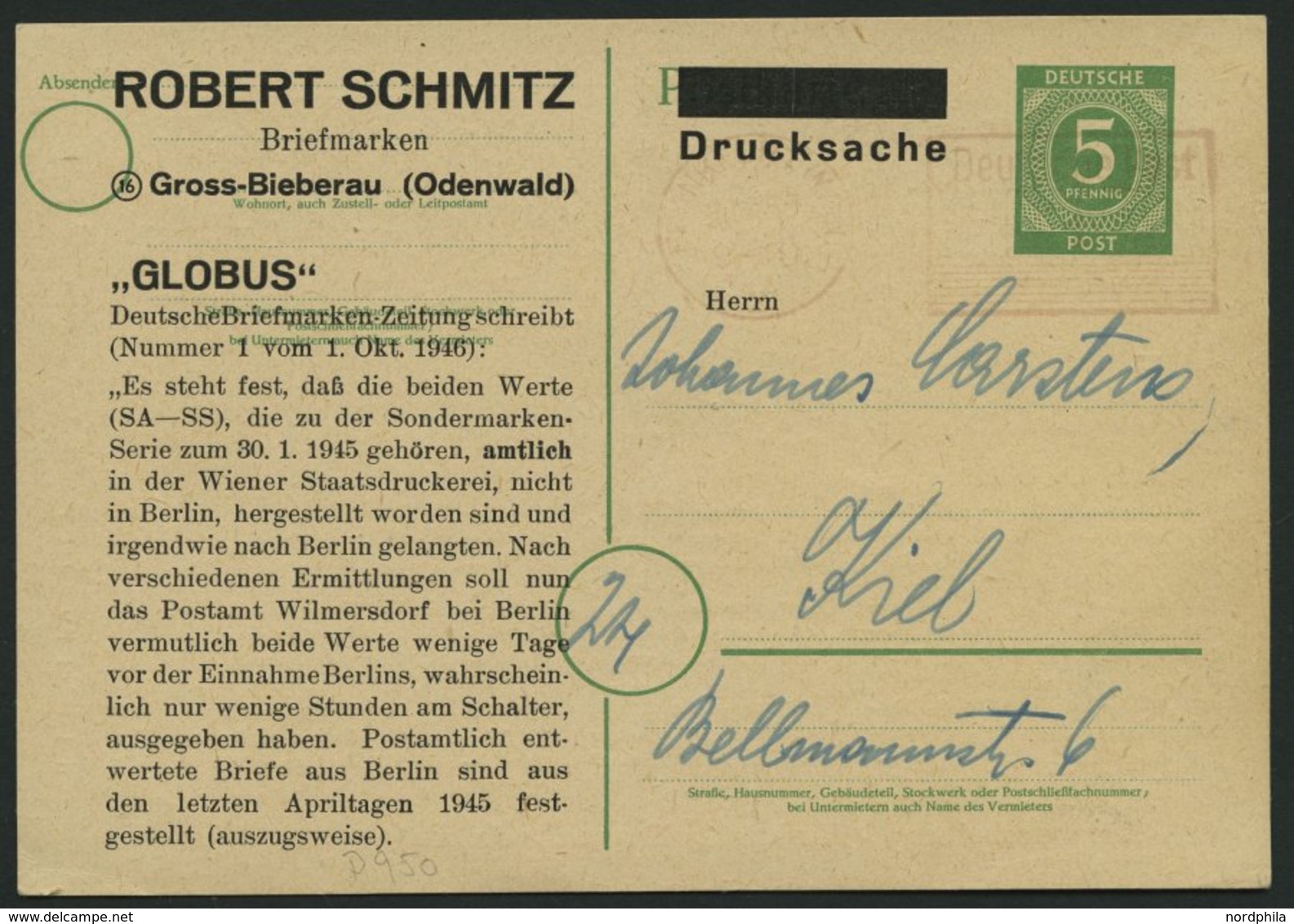 ALL. BES. GANZSACHEN P 950 BRIEF, 20.4.47, 5 Pf. Grün Mit 1 Pf. Aufgewertet (Frankfurt) Als Drucksache, Pracht - Sonstige & Ohne Zuordnung