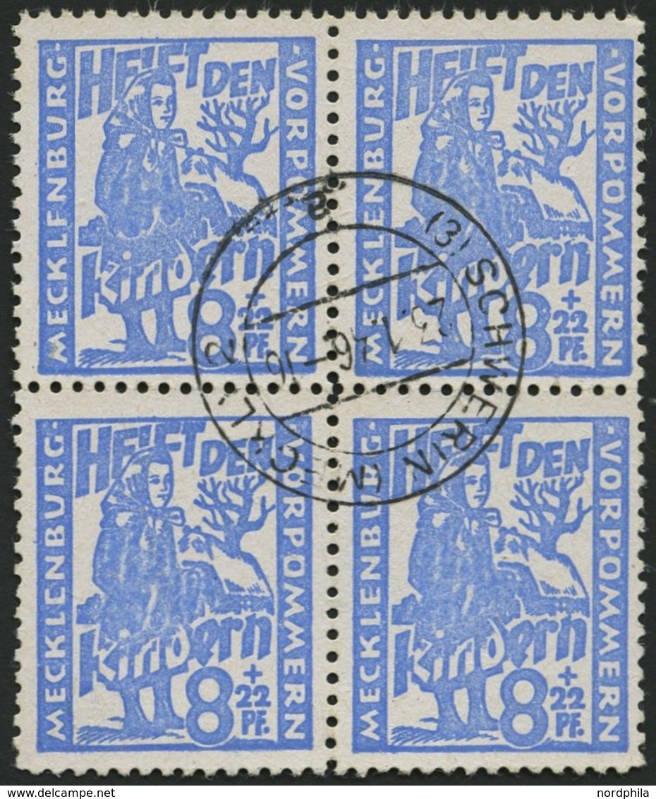 MECKLENBURG-VORPOMMERN 27a VB O, 1945, 8 Pf. Hellultramarin Kinderhilfe Im Zentrisch Gestempelten Viererblock, Pracht, G - Other & Unclassified