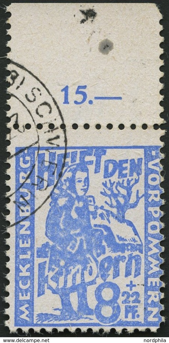 MECKLENBURG-VORPOMMERN 27a O, 1945, 8 Pf. Hellultramarin Kinderhilfe, Oberrandstück, Pracht, Gepr. Kramp - Sonstige & Ohne Zuordnung