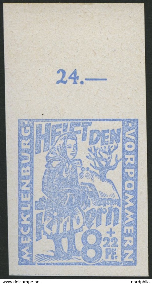 MECKLENBURG-VORPOMMERN 27aXIU **, 1945, 8 Pf. Hellultramarin Kinderhilfe Mit Plattenfehler Weiße Punkte An Mec Von Meckl - Sonstige & Ohne Zuordnung