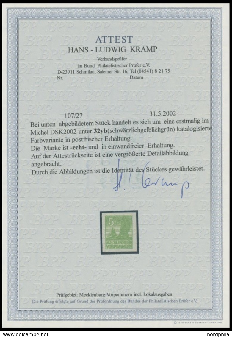 1946, 5 Pf. Schwärzlichgelblichgrün, Graues Papier, Postfrisch, Pracht, Fotoattest Kramp, Mi. 1200.- -> Automatically Ge - Sonstige & Ohne Zuordnung