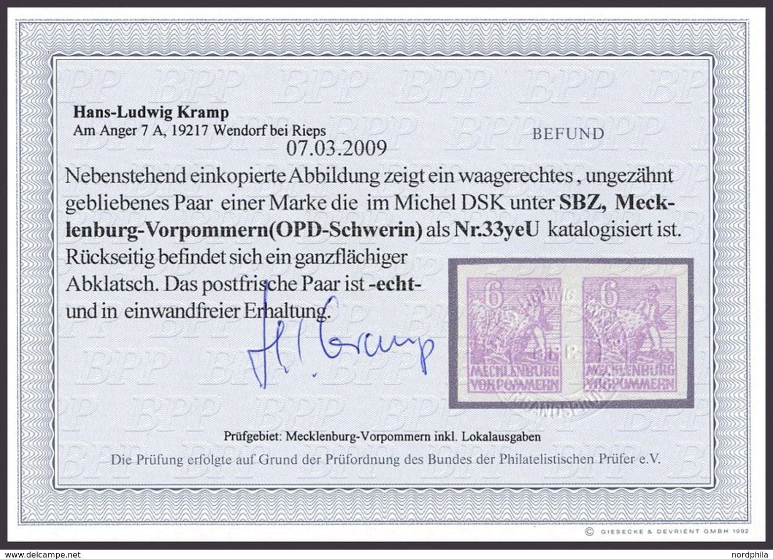 MECKLENBURG-VORPOMMERN 33yeU Paar **, 1946, 6 Pf. Grauviolett, Graues Papier, Ungezähnt, Im Waagerechten Paar, Rückseiti - Sonstige & Ohne Zuordnung