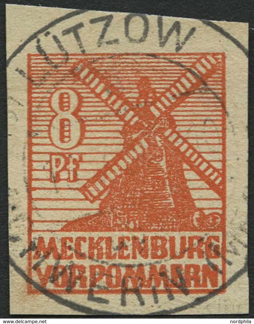 MECKLENBURG-VORPOMMERN 34yc O, 1946, 8 Pf. Schwärzlichorange, Graues Papier, Mit Ungeklärtem Stempel LÜTZOW, Pracht (Mi. - Other & Unclassified