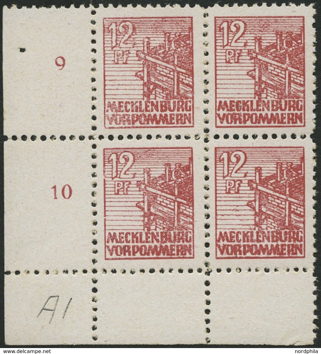 MECKLENBURG-VORPOMMERN 36xc VB **, 1946, 12 Pf. Lebhaftbraunrot, Kreidepapier, Im Unteren Linken Eckrandviererblock, Pra - Sonstige & Ohne Zuordnung