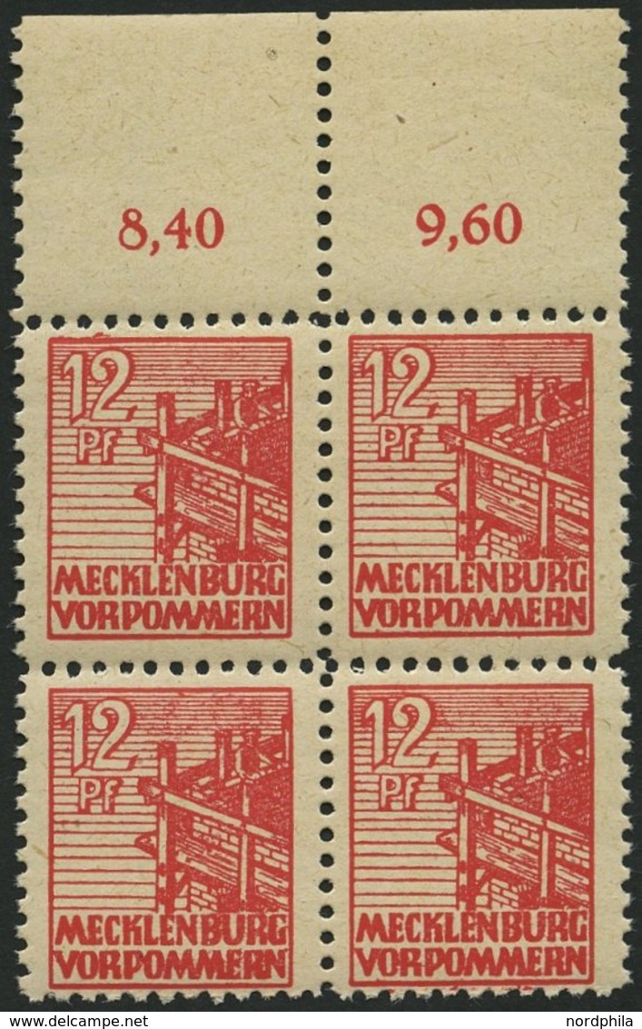 MECKLENBURG-VORPOMMERN 36zb VB **, 1946, 12 Pf. Rot, Dünnes Papier, Im Viererblock Vom Oberrand, Pracht, Gepr. Kramp, Mi - Other & Unclassified