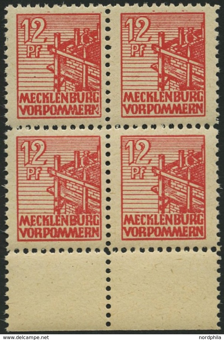 MECKLENBURG-VORPOMMERN 36zz VB **, 1946, 12 Pf. Rot, Dünnes Papier, Diagonal Genetzte Gummierung, Im Viererblock Vom Unt - Other & Unclassified