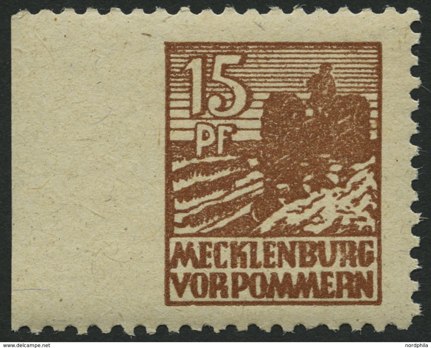 MECKLENBURG-VORPOMMERN 37yaUl **, 1946, 15 Pf. Gelbbraun, Graues Papier, Links Ungezähnt, Pracht, Mi. 160.- - Other & Unclassified