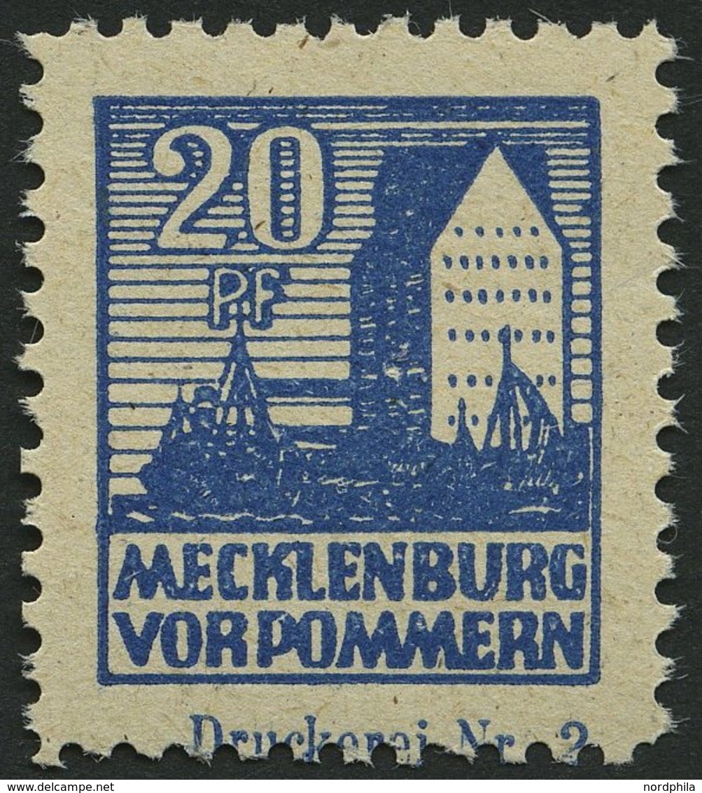 MECKLENBURG-VORPOMMERN 38ycDZ **, 1946, 20 Pf. Schwärzlichgrauultramarin Mit Druckereizeichen Druckerei Nr. 2, Partiell  - Sonstige & Ohne Zuordnung