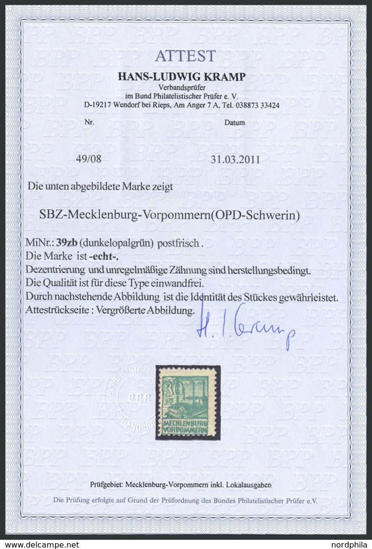 MECKLENBURG-VORPOMMERN 39zb **, 1946, 30 Pf. Dunkelopalgrün, Dünnes Papier, Pracht, Fotoattest Kramp, Mi. 1600.- - Sonstige & Ohne Zuordnung