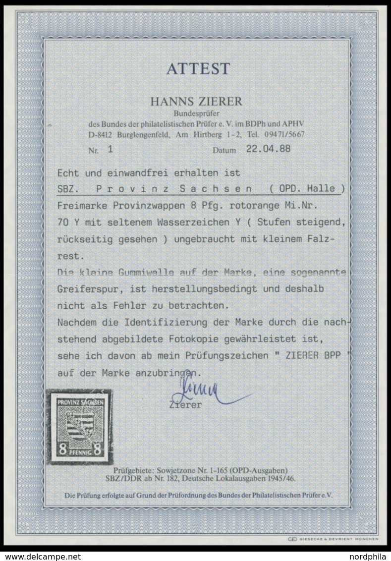 PROVINZ SACHSEN 70Y *, 1945, 8 Pf. Gelblichrot, Wz. 1Y, Falzreste, Pracht, Fotoatteste Zierer Und Dr. Jasch, Mi. 2500.- - Autres & Non Classés