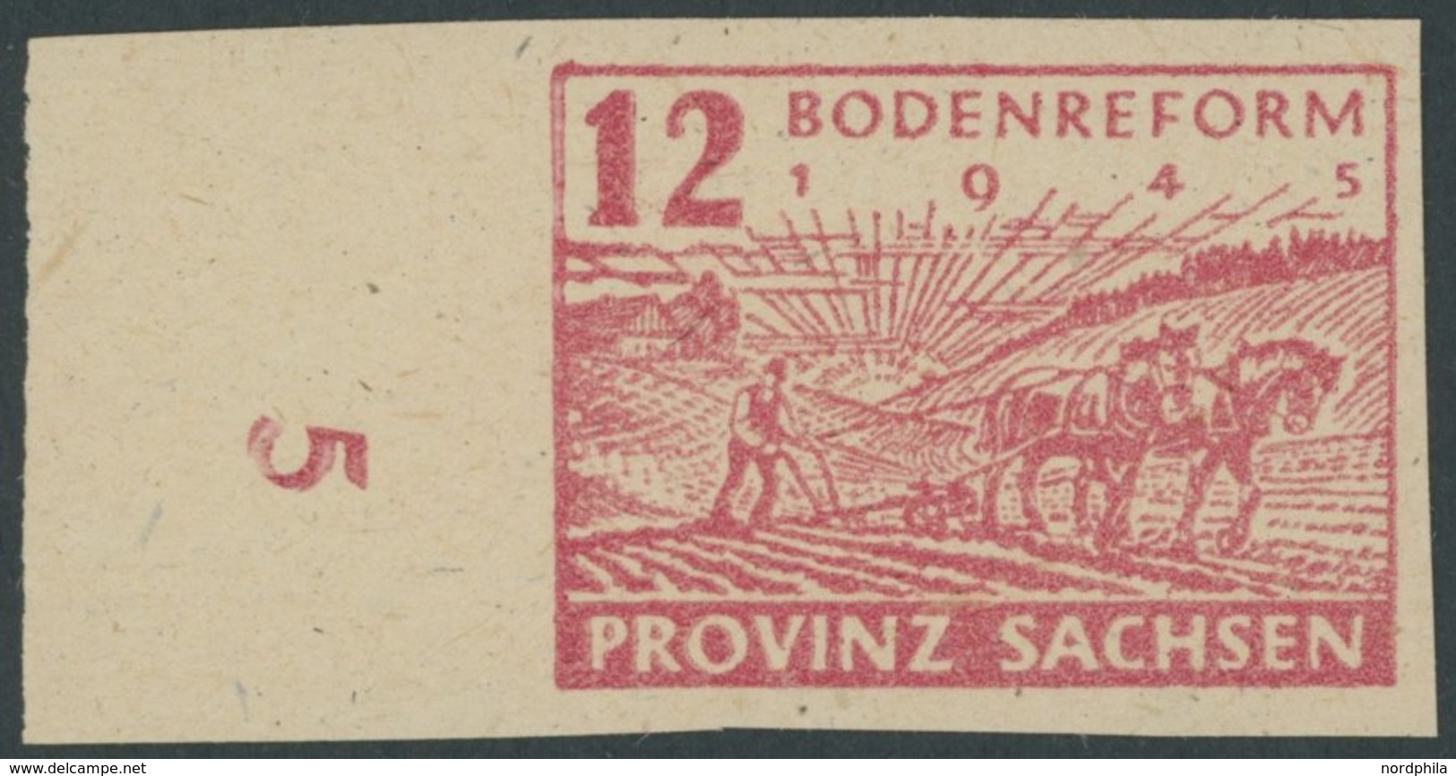 1945, 12 Pf. Lebhaftlilarot Fallende Papierstreifung, Linkes Randstück Mit Reihenzähler 5, Postfrisch, Pracht, RR!, Foto - Sonstige & Ohne Zuordnung