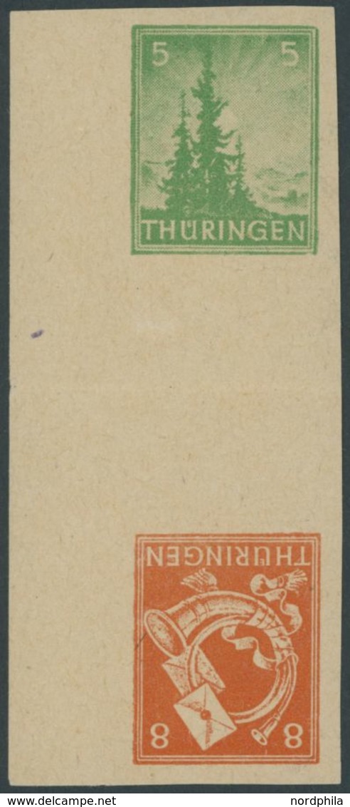 THÜRINGEN 94/6SKZU **, 1945, 5 Pf. Gelblichgrün Und 8 Pf. Rotorange Im Senkrechten Kehrdruckpaar Mit Zwischensteg, Ungez - Other & Unclassified