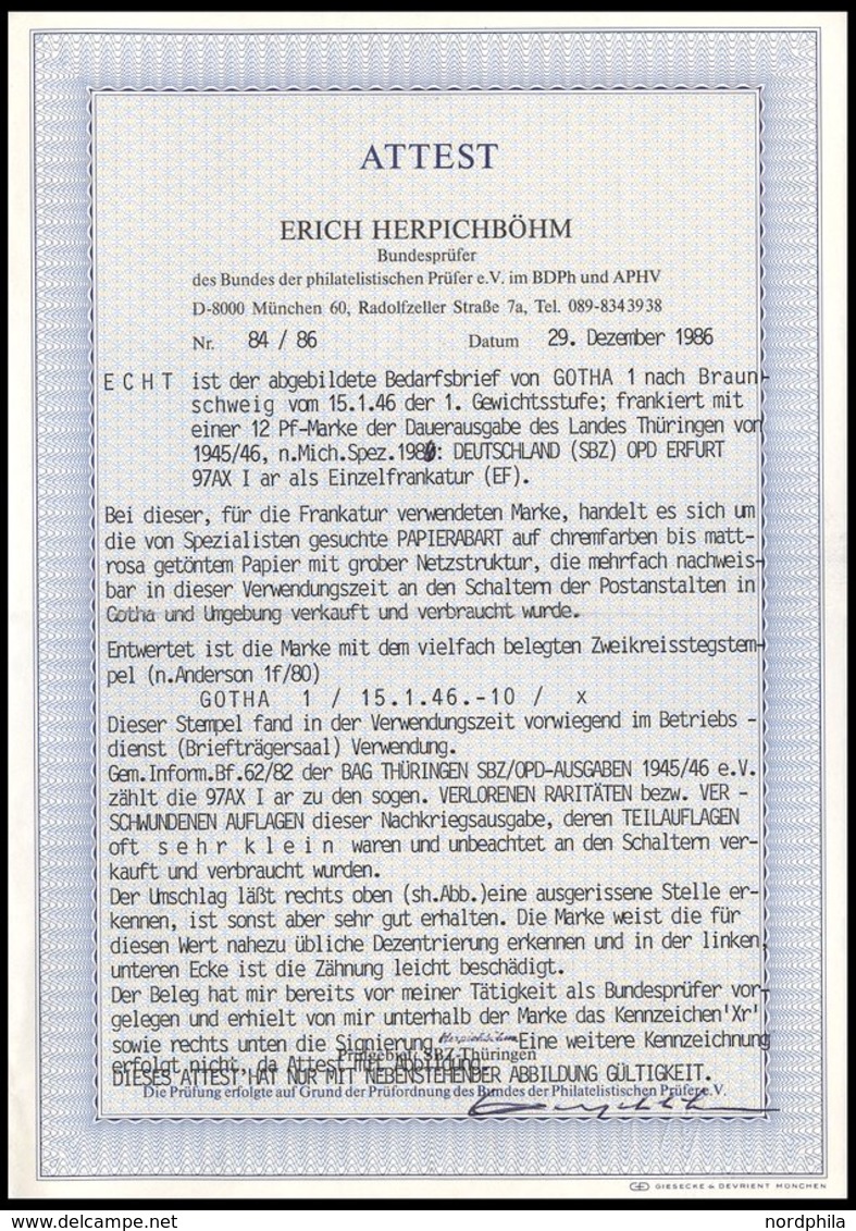THÜRINGEN 97AXbp2U **, 1945, 12 Pf. Dunkelbräunlichrot, Vollgummierung, Dickes Papier, Fallende Papierstreifung, Ungezäh - Other & Unclassified