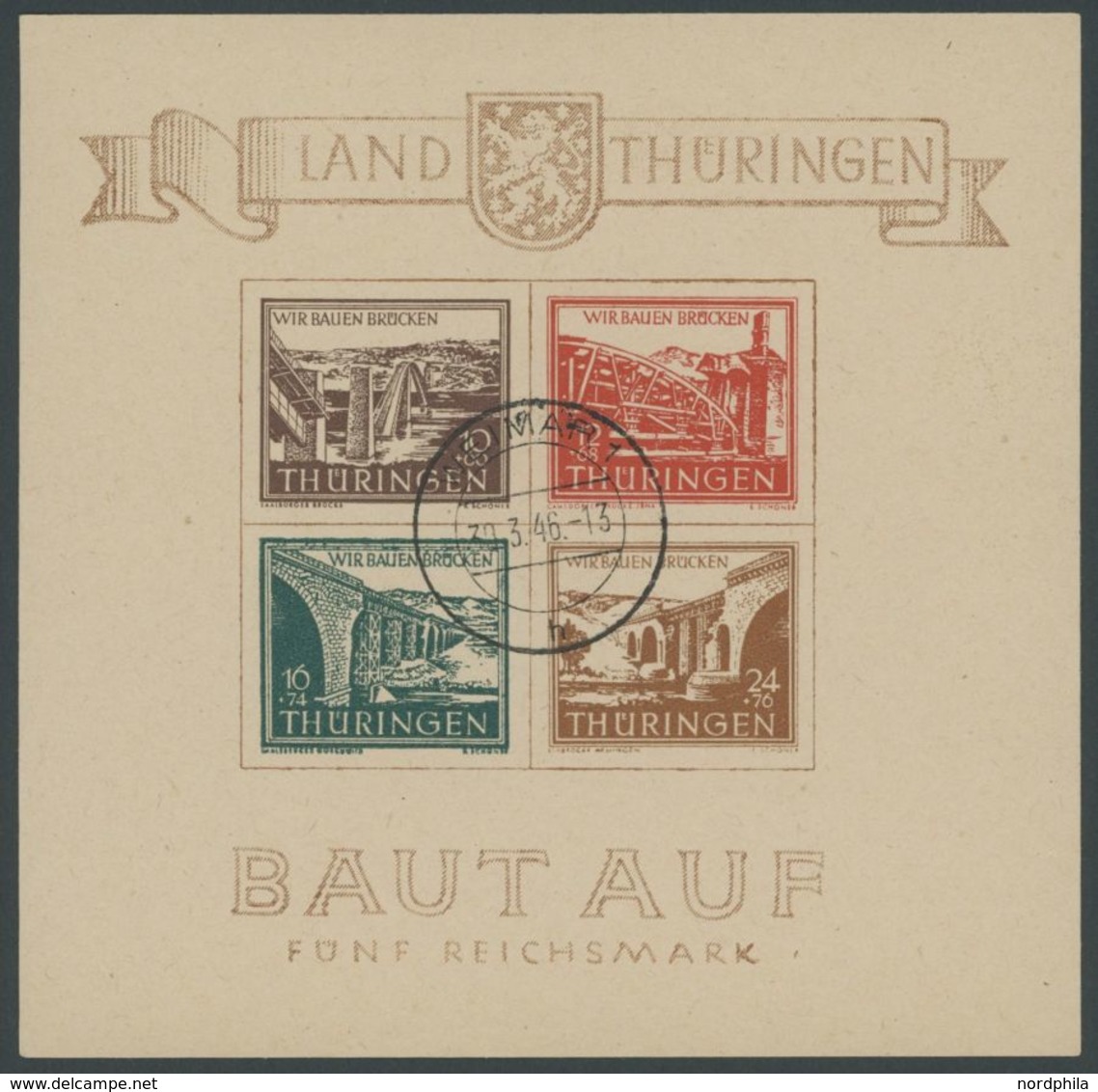 1946, Brückenblock, Type I, Mit Ersttagsstempel WEIMAR, Zarte, Kaum Sichtbare Randbüge, Pracht, Fotoattest Dr. Jasch, Mi - Other & Unclassified