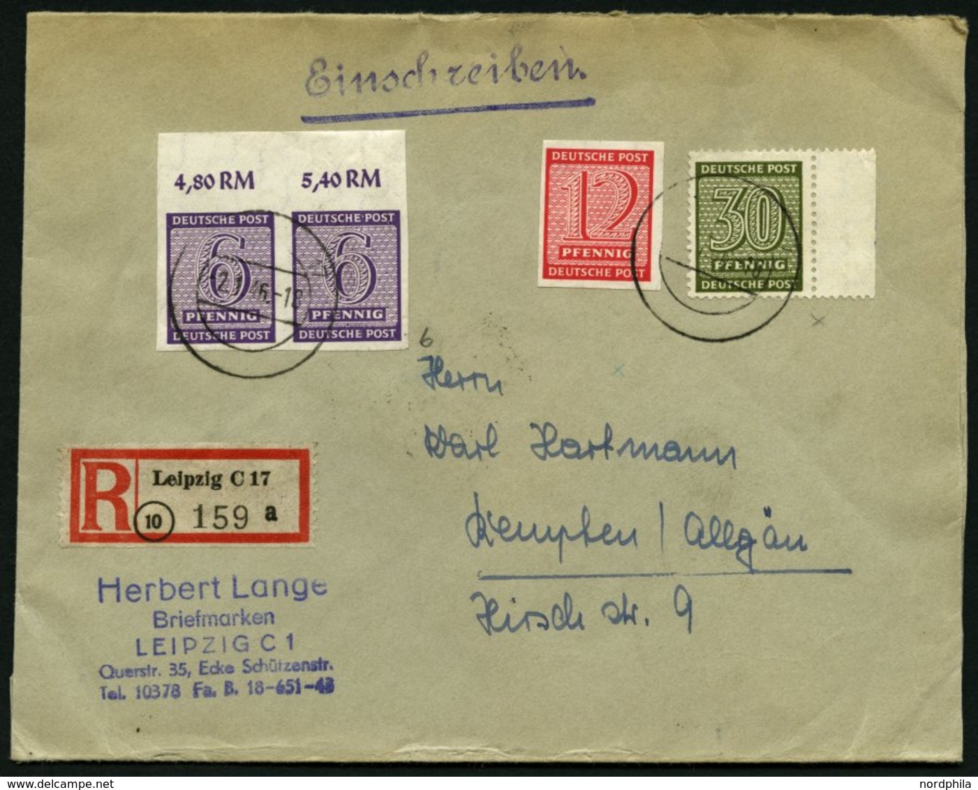 WEST-SACHSEN 117Xb Paar BRIEF, 1945, 6 Pf. Dunkelrotviolett, Wz. 1X, Im Oberrandpaar Mit Zusatzfrankatur Auf Einschreibb - Autres & Non Classés