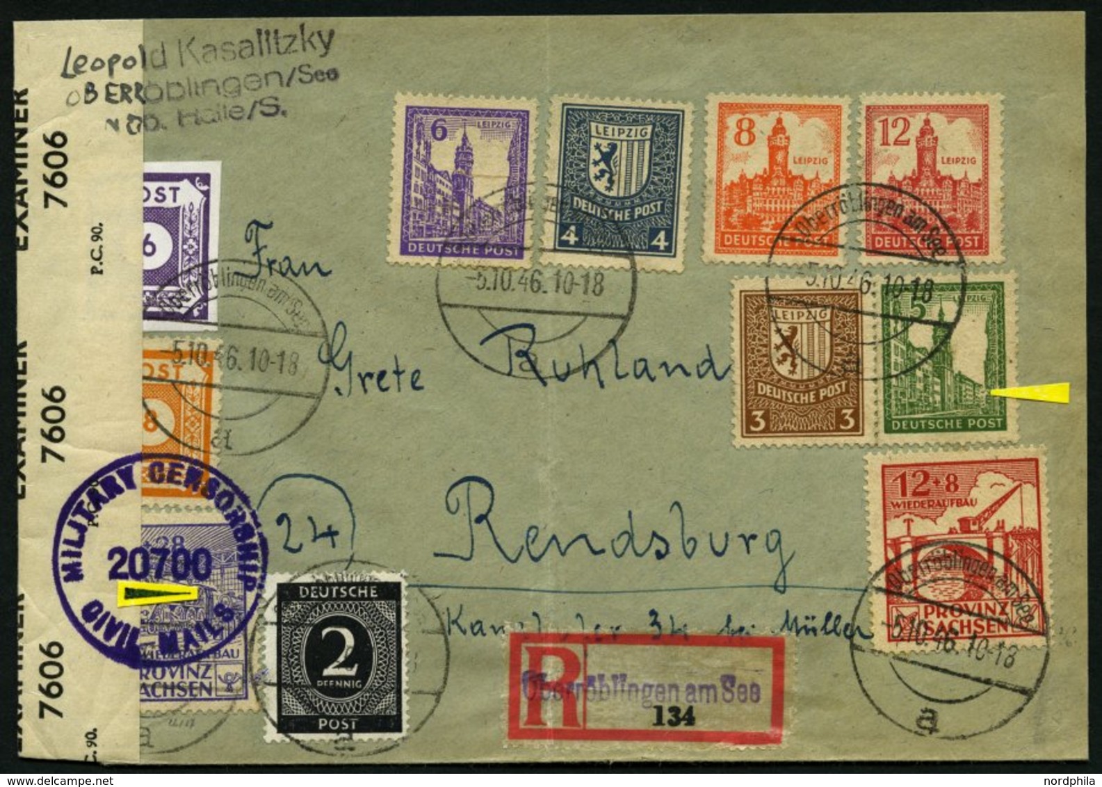 WEST-SACHSEN 158II BRIEF, 1946, 5 Pf. Schwärzlicholivgrün Mit Abart Bruch Im Rechten Gebäude Mit Zusatzfrankatur Auf Por - Autres & Non Classés