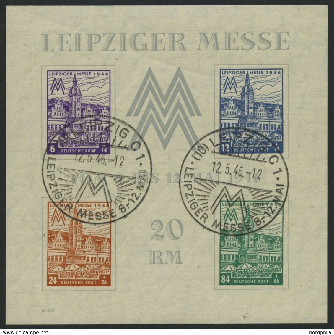 WEST-SACHSEN Bl. 5Xa O, 1946, Block Leipziger Messe, Wz. 1X, Type I, Sonderstempel, Herstellungsbedingte Kalanderbüge, P - Other & Unclassified