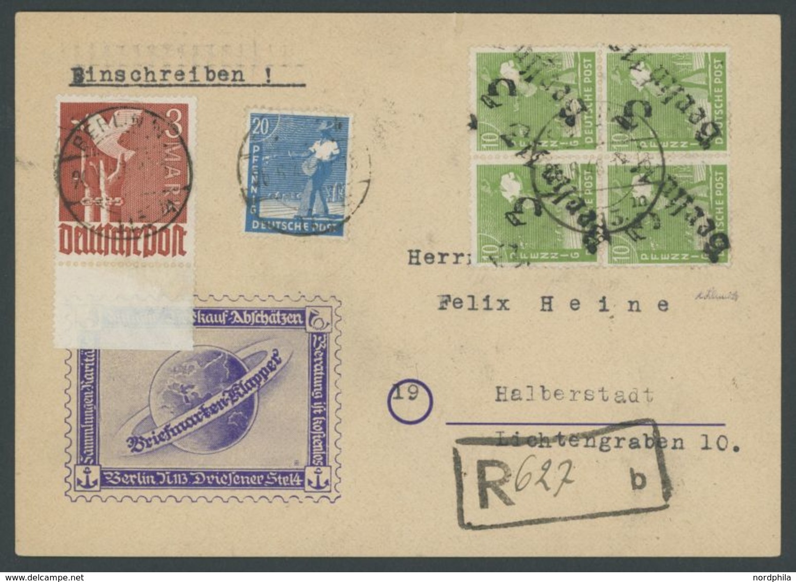 3 Berlin 113 Auf 10 Pf. Grün Im Viererblock Auf Einschreibkarte Mit 10fach-Mischfrankatur, Pracht, Gepr. Schmidt -> Auto - Sonstige & Ohne Zuordnung