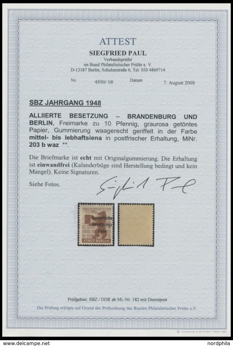 1948, 10 Pf. Mittel-lebhaftsiena, Postfrisch, Pracht, Fotoattest Paul, Mi. 500.- -> Automatically Generated Translation: - Other & Unclassified