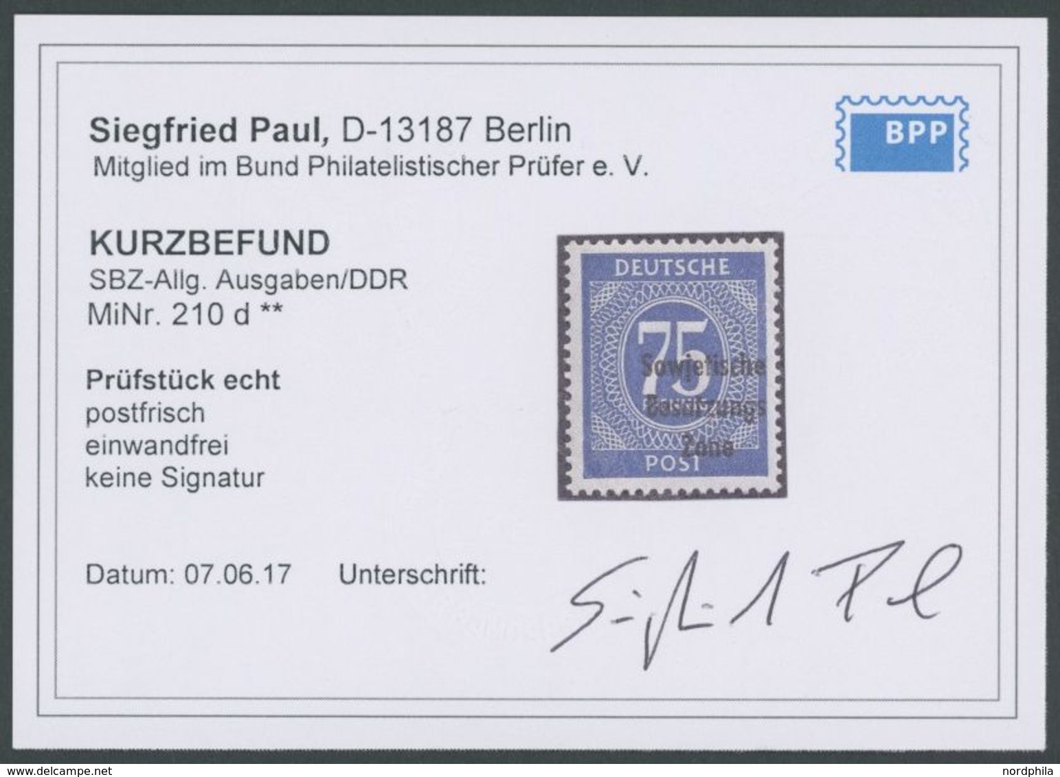 1948, 75 Pf. Dunkelviolettultramarin, Postfrisch, Pracht, Kurzbefund Paul, Mi. 250.- -> Automatically Generated Translat - Other & Unclassified