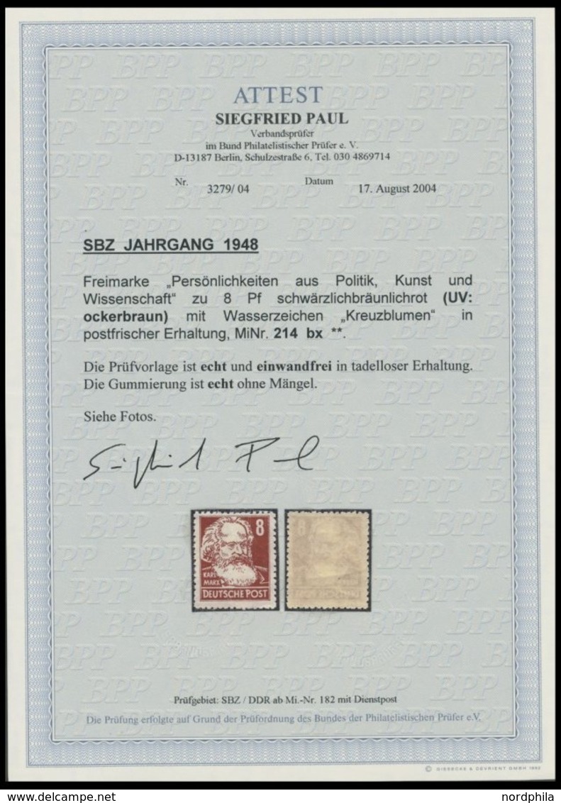 1948, 8 Pf. Schwärzlichbräunlichrot Marx, Postfrisch, Pracht, Fotoattest Paul, Mi. 200.- -> Automatically Generated Tran - Sonstige & Ohne Zuordnung