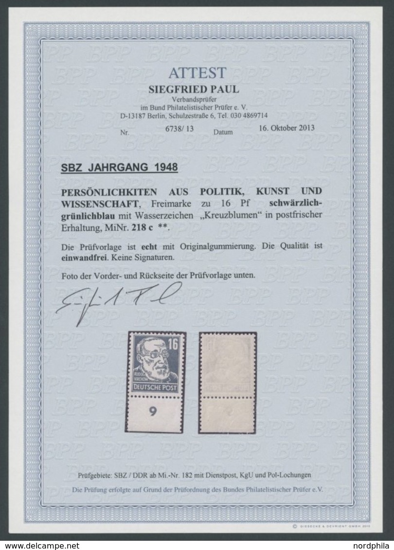 1951, 16 Pf. Schwärzlichgrünlichblau Virchow, Unterrandstück, Postfrisch, Pracht, Fotoattest Paul, Mi. 650.- -> Automati - Other & Unclassified