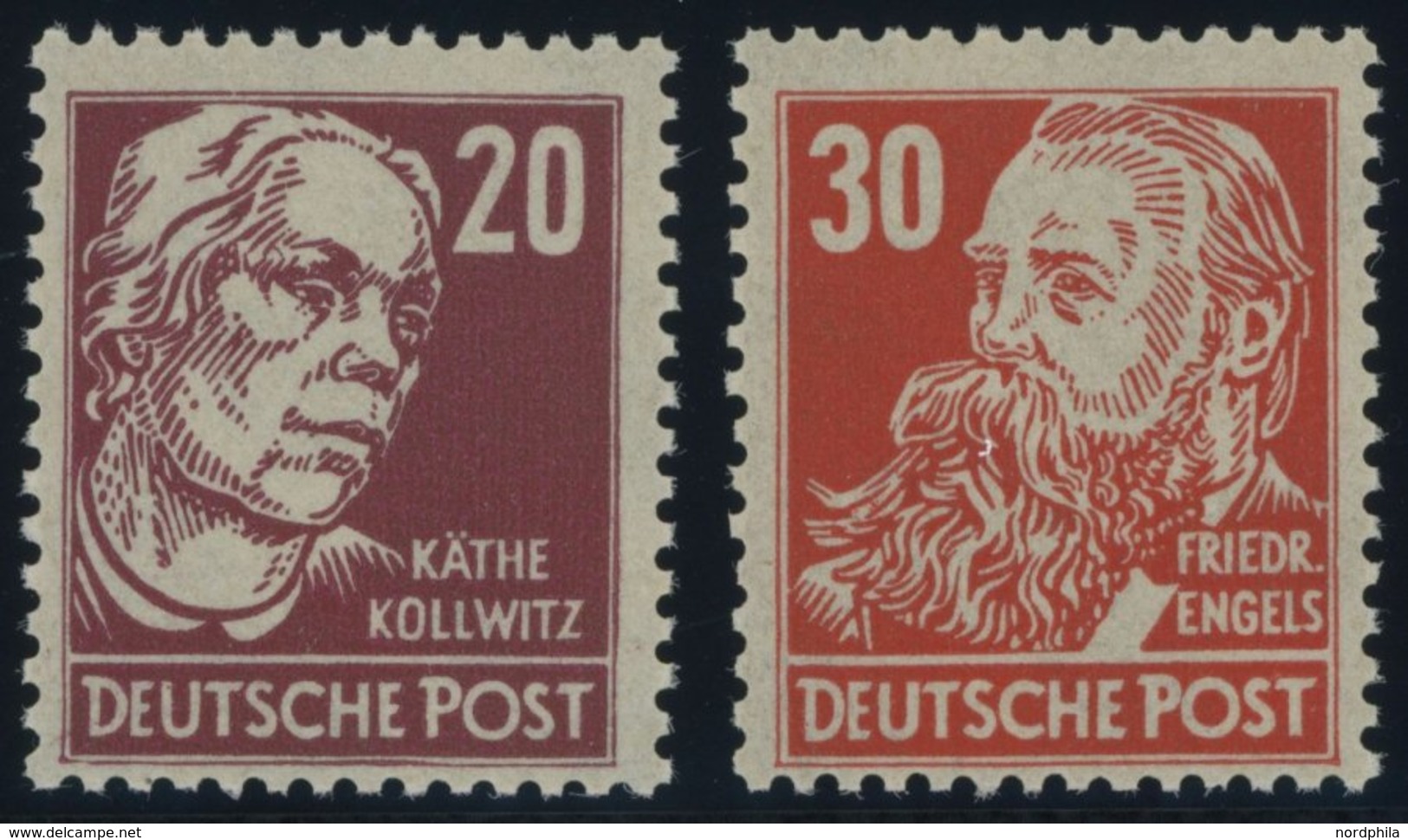 1948/51, 20 Pf. Lilakarmin Kollwitz Und 30 Pf. Zinnoberrot Engels, Senkrechte Borkengummierung, Postfrisch, Pracht, Gepr - Other & Unclassified