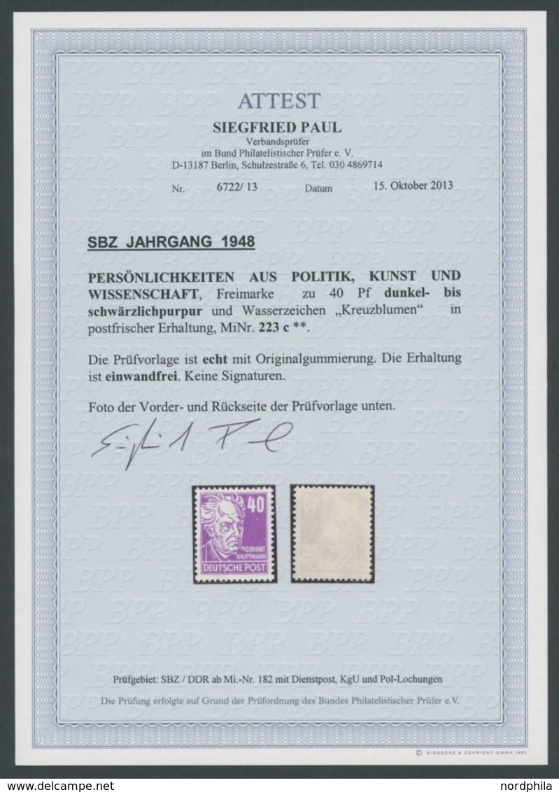 1950, 40 Pf. Purpur Hauptmann, Postfrisch, Pracht, Fotoattest Paul, Mi. 750.- -> Automatically Generated Translation: 19 - Other & Unclassified