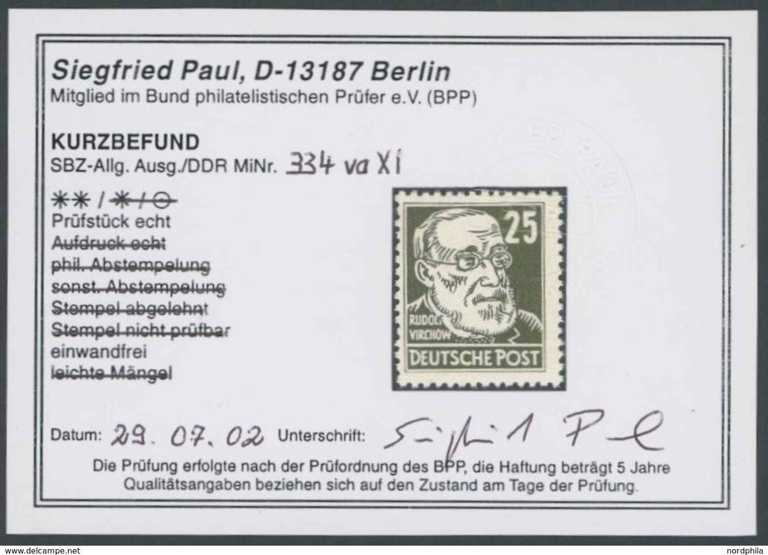 1953, 25 Pf. Braunoilv Virchow, Wz. 2XI, Postfrisch, Pracht, Kurzbefund Paul, Mi. 350.- -> Automatically Generated Trans - Used Stamps