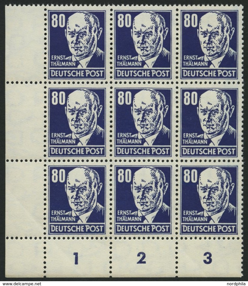 DDR 339PFIII **, 1952, 80 Pf. Thälmann Mit Plattenfehler Fleck Am Kinn Und Strich Am Kragen (Feld 73) Im Neunerblock Aus - Used Stamps