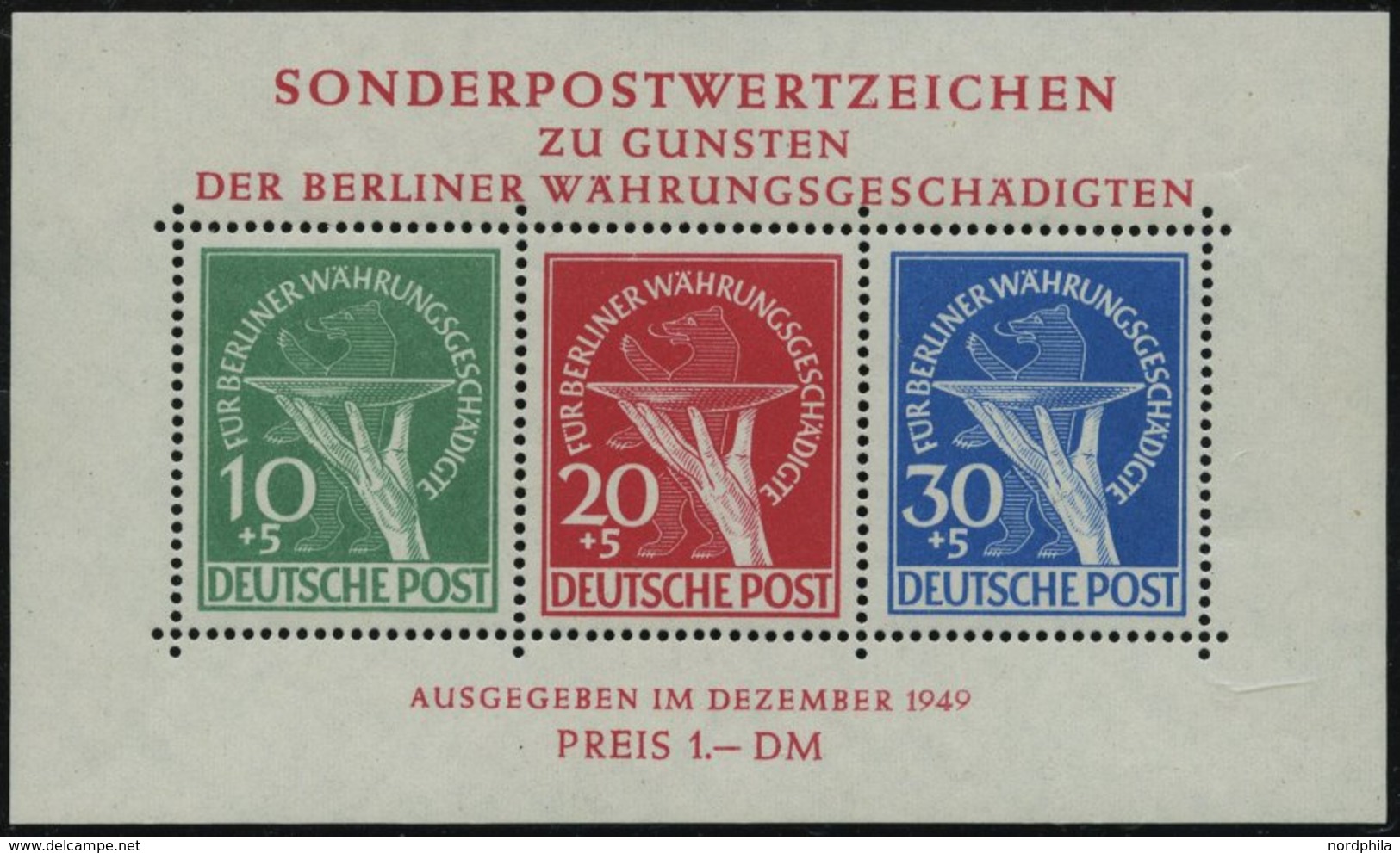 BERLIN Bl. 1III **, 1949, Block Währungsgeschädigte Mit Abart Grüner Punkt Rechts Am Handgelenk, Pracht, Gepr. Schlegel, - Sonstige & Ohne Zuordnung