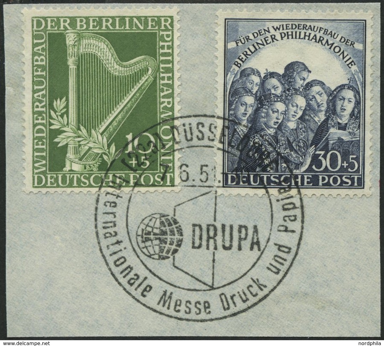 BERLIN 72/3 BrfStk, 1950, Philharmonie, Sonderstempel Düsseldorf-Drupa, Prachtbriefstück, Mi. 130.- - Sonstige & Ohne Zuordnung