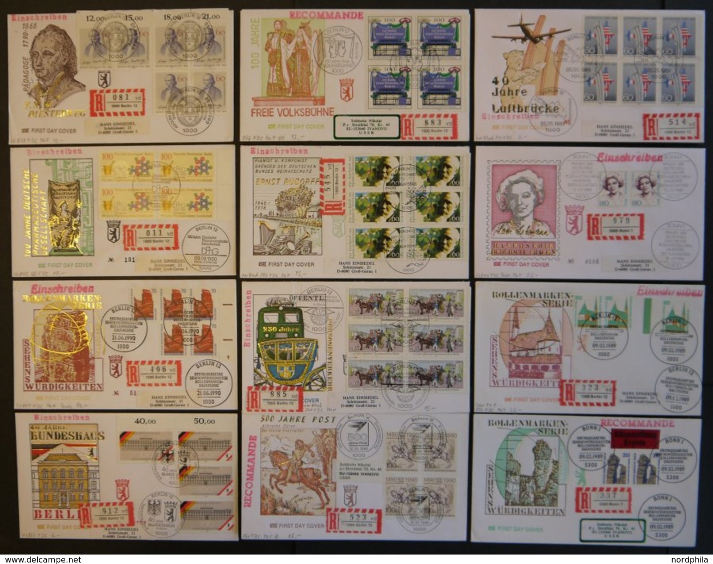 LOTS Aus 834-79 BRIEF, 1989/90, 12 Verschiedene Einschreiben Mit Mehrfachfrankaturen Vom Ersttag, Pracht - Used Stamps