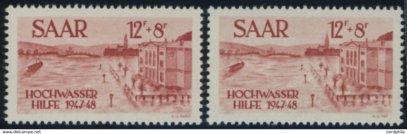 SAARLAND 257I,II **, 1948, 12 Fr. Hochwasserhilfe Mit Plattenfehler Perle Unten Am S Von Saar Und Druckereiname Nur H.V. - Other & Unclassified