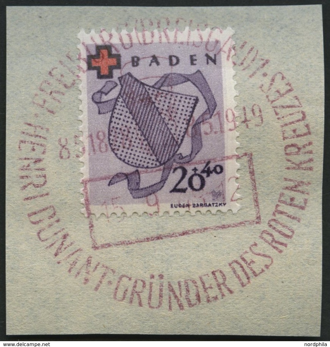 BADEN 43 BrfStk, 1949, 20 Pf. Rotes Kreuz Auf Briefstück Mit Rotem Sonderstempel, Gepr. Schlegel - Andere & Zonder Classificatie