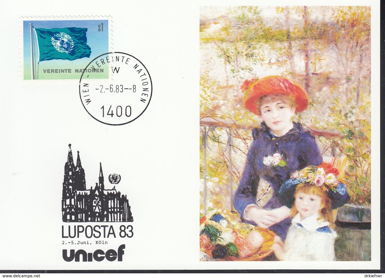 UNO WIEN  UNICEF-Kunstkarte, Auguste Renoir, Zur LUPOSTA '83, Köln 2.6.1983 - Lettres & Documents